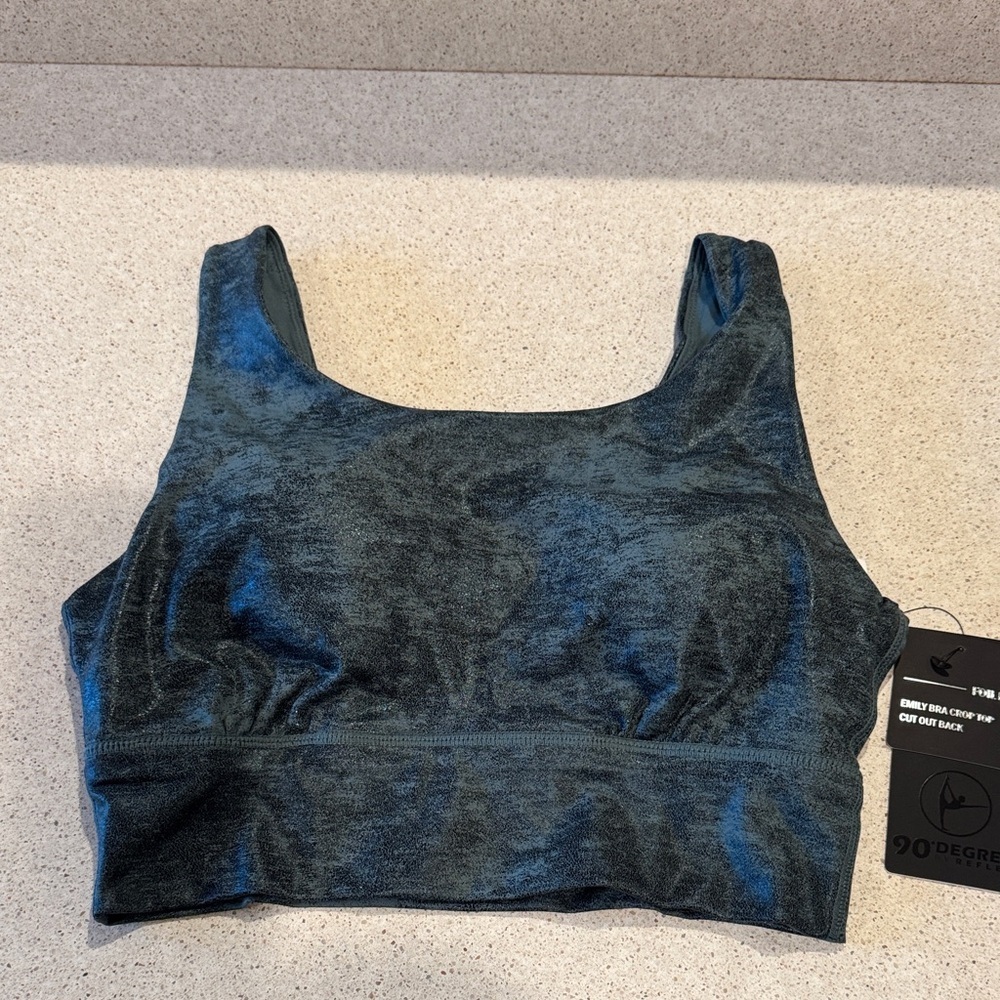 90 Degree By Reflex Emily Bra Crop Top Cut Out Back in Sage with Foil Lux Detail